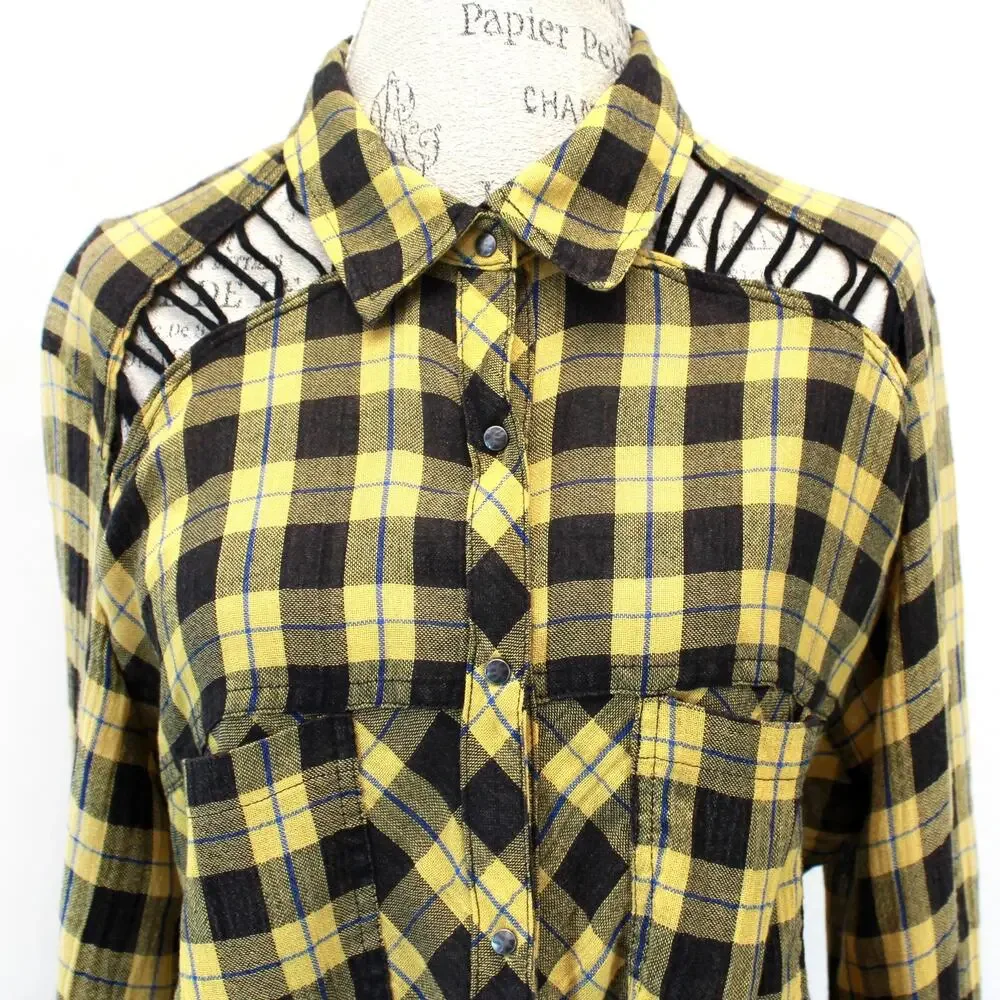 Free People Grunge Yellow Black Plaid Cutout Tunic Shirt Medium Modern